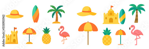 Colorful summer beach elements featuring hats, surfboards, palm trees, and flamingos for a fun seaside atmosphere
