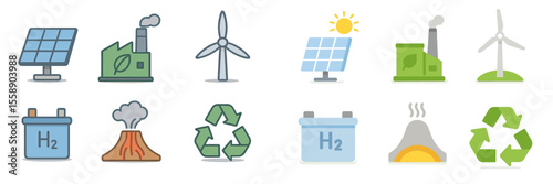 Renewable energy symbols and illustrations for sustainability in various environments