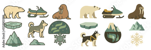 Illustrations of Arctic animals, snowmobiles, and icy landscapes depicting a winter wonderland adventure