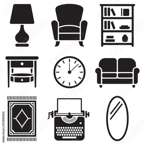 Black Silhouettes of Furniture and Home Decor Items on White Background