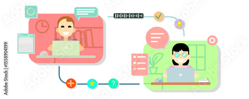 illustration of a man and a woman working together using a laptop and the internet, working from home, vector in an attractive flat coloured style.