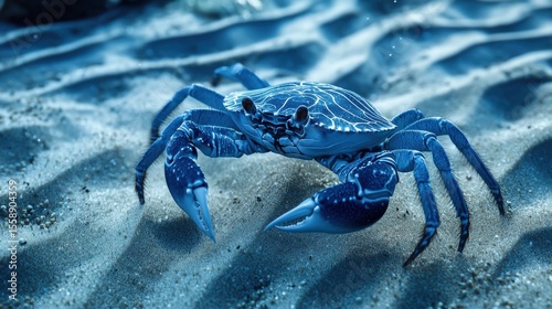 Blue crab walking along the seafloor, intricate patterns of the sand visible