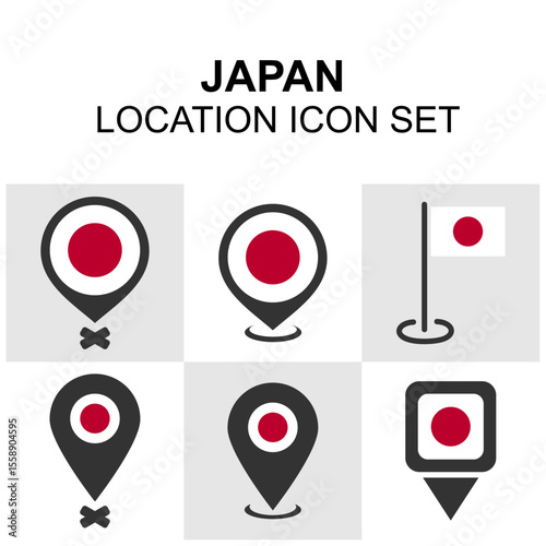 Sleek location icons with the Japanese flag, ideal for highlighting destinations, travel guides, or cultural points across Japan.
