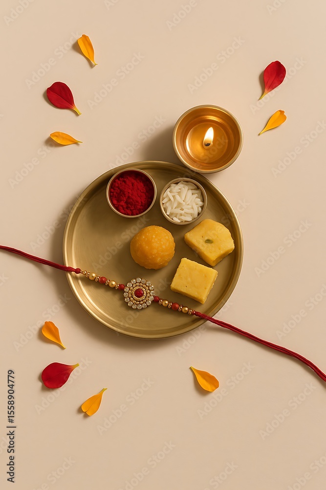 Obraz premium Decorative Rakshabandhan Thali with Diya and Petals