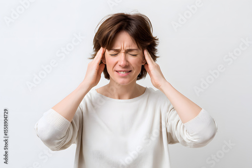 Stressed woman holding head in pain, mental overload and anxiety. Conceptual image of stress, confusion, and overthinking.