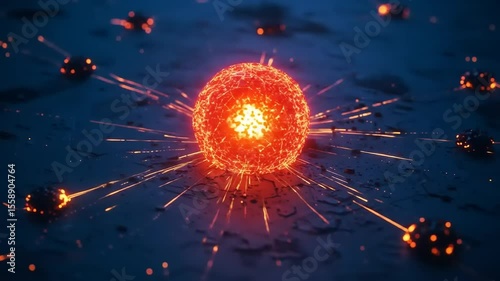 Glowing molten sphere emitting sparks on a textured surface, creating a dynamic and vibrant scene