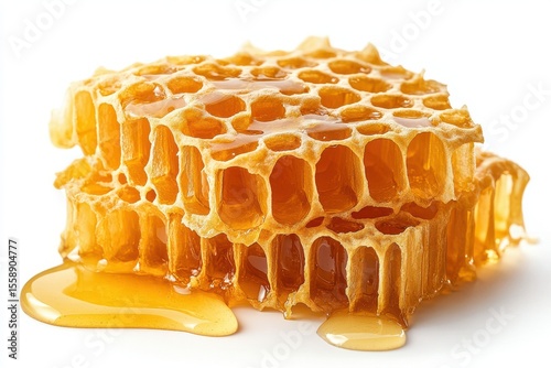 Fresh Honeycomb with Dripping Honey on a White Background