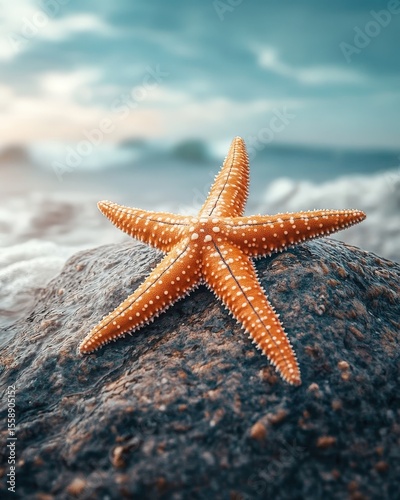 Close-up of a starfish clinging to a rock in a shallow tidal pool