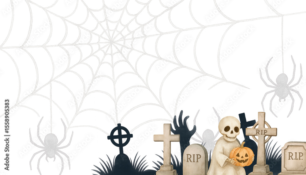 Fototapeta premium Halloween Cemetery with Skeleton and Jack-O'-Lantern – Spider Web Background 