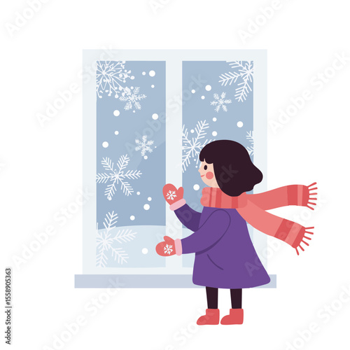  Girl in Scarf and Mittens Looking Through Snowy Window, Flat Icon