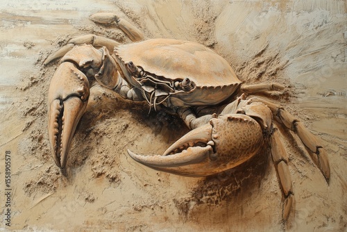 Crab scuttling across a sandy beach, intricate details of its shell visible