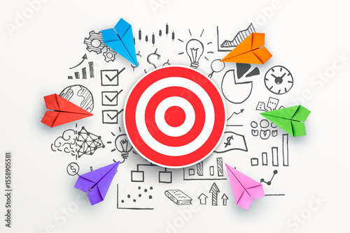 Paper planes and target icon with business strategy. Business success, Innovation and Target concept