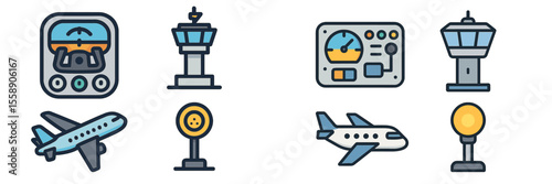 Illustrations of airport control elements and aircraft icons for aviation industry representation
