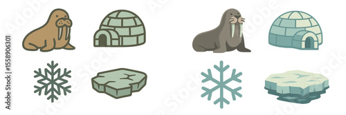 Walrus and igloo illustrations depicting life in the Arctic during winter months with snowflakes and ice formations