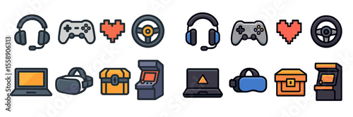 Iconic symbols represent gaming culture with headsets, controllers, and virtual reality gear displayed in a vibrant arrangement