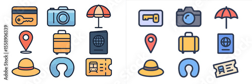 Travel icons representing essential items for a successful journey including luggage, documents, and leisure gear