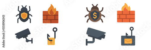 Visual representation of online security threats and defenses in a digital environment with various icons depicting risks and protection