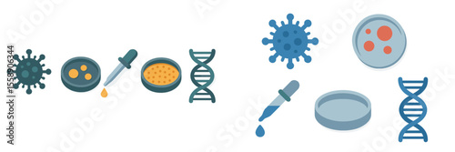 Colorful illustrations of viruses, petri dishes, and laboratory tools used in scientific research and experiments