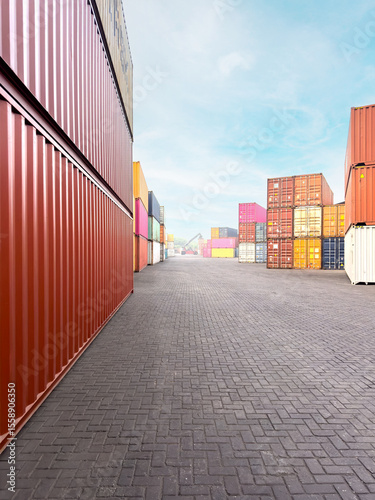 A perspective view of a container yard with stacked red, yellow, white and multicolored cargo containers. Industrial port scene representing global trade, shipping, and logistics.