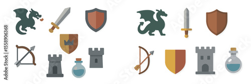 Free Download Fantasy icons showcasing dragons, swords, shields, and medieval elements suitable for gaming or storytelling - GFXLoad