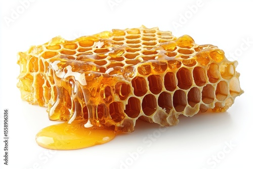 Fresh Honeycomb Dripping with Golden Honey on White Background