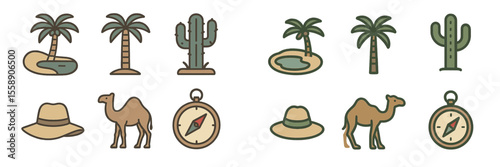 Various desert-themed elements including palm trees, cacti, camels, and accessories for outdoor adventures in a warm, sandy landscape