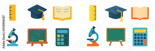 School supplies and educational tools arranged in a colorful and organized layout for students and teachers