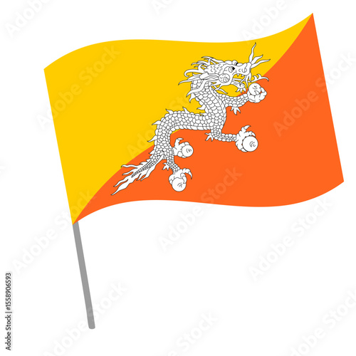 Bhutan national flag flutters with flagpole