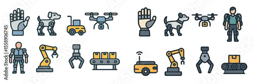 Illustrations showcasing various robots, drones, and automated machinery in a futuristic context