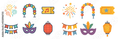 Colorful decorations and festive items for a celebration with fireworks and masks featured prominently