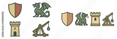Medieval castle elements and fantasy creatures illustrated with shields, a dragon, and siege weapons in a whimsical design