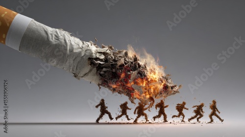 A burning cigarette with people fleeing from the ash, symbolizing the fatal dangers of smoking and lung disease. 
