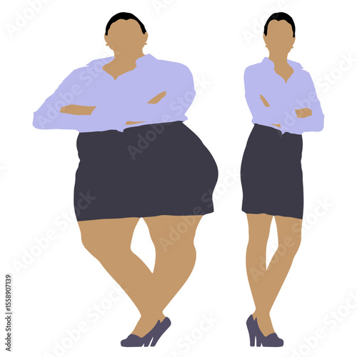 Conceptual fat overweight obese female vs slim fit healthy body after weight loss or diet on white background. A  fitness, nutrition or obesity, health shape illustration vector as silhouettes