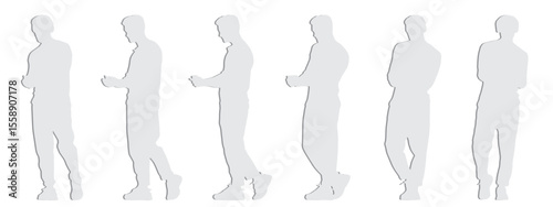 Vector concept conceptual gray paper cut silhouette of a man with headphones listening to music from different perspectives isolated on white. A metaphor for leisure,  relaxation and lifestyle