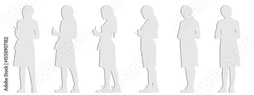 Vector concept conceptual gray paper cut silhouette of a female waiter taking an order  from different perspectives isolated on white background. A metaphor for working, business, relaxation and lifes