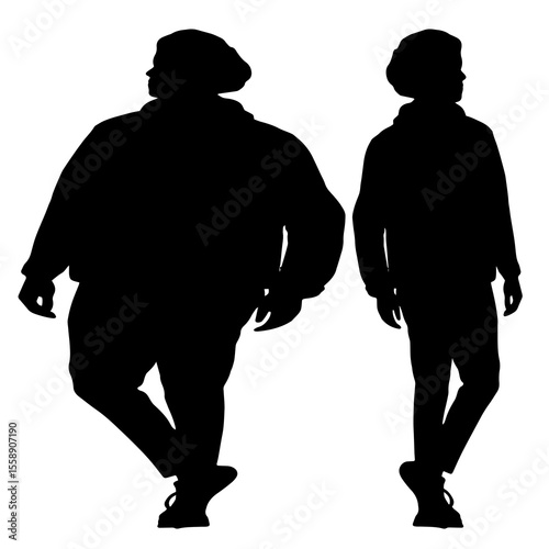 Conceptual fat overweight obese man vs slim fit healthy body after weight loss or diet, white background. A  fitness, nutrition or obesity, health care shape illustration vector as silhouettes