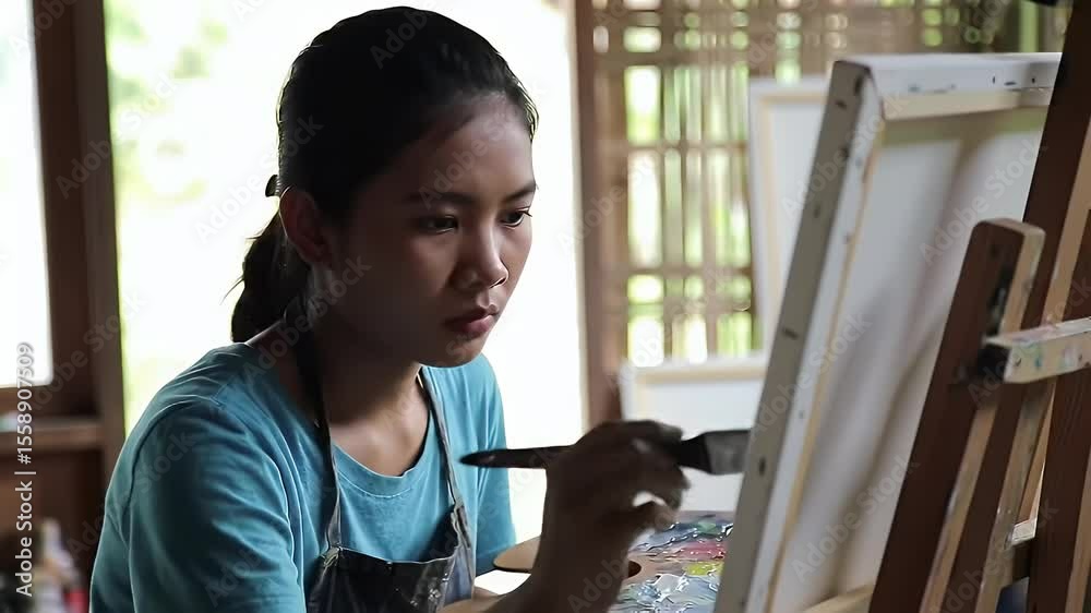 Focused Young Woman Painting on Canvas