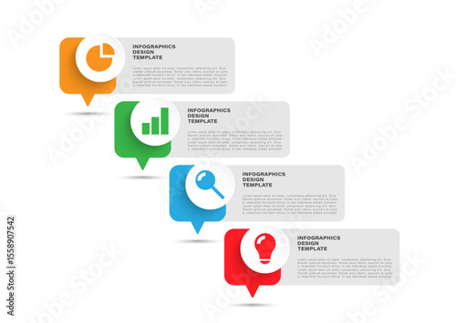Four steps or processes vector vertical infographic template. Speech bubble infographic layout with icons
