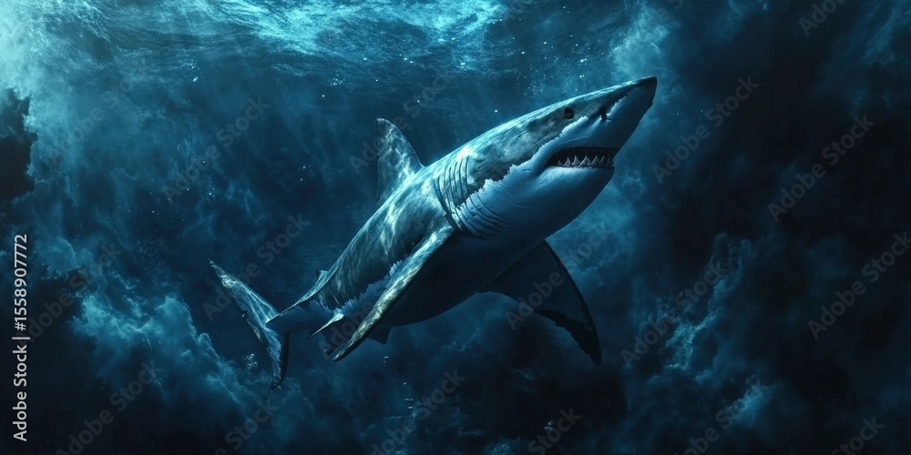 Fototapeta premium Great white shark gliding through deep blue waters, menacing yet majestic