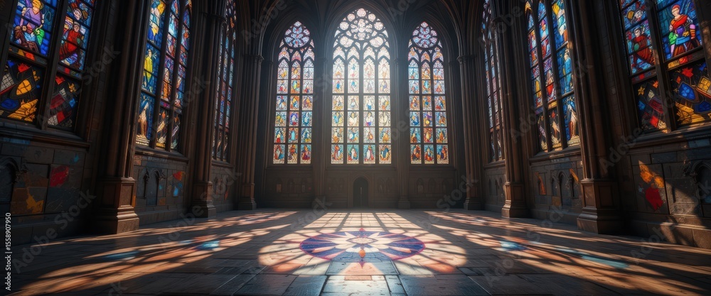 Obraz premium Interior of gothic cathedral with colorful stained glass windows and light reflections.