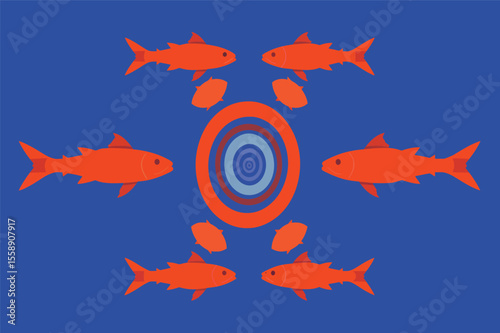 Abstract illustration of orange fish swimming around a circle