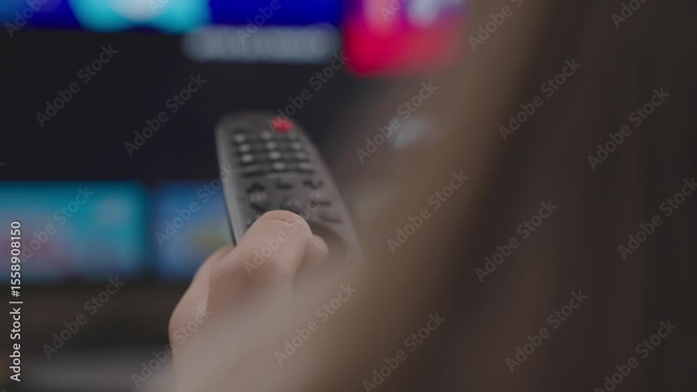 the hand switches TV remote control with finger, evening viewing of news, TV programs, relaxing on couch, modern technology for controlling equipment at a distance, monitor screen is an application.