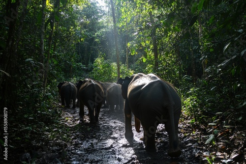 Herd of elephants walking through a jungle trail, dramatic sunlight filtering through