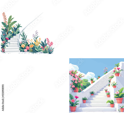 Vsai blooming stairs in lush tropical garden and white terraced building