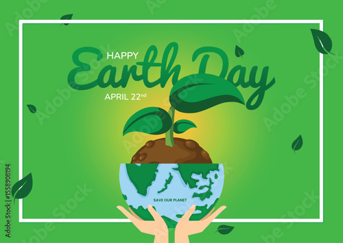 Happy earth day horizontal postcard banner poster celebration on April 22. Hands holding earth shaped pot with plants. Earth day concept. Modern flat style illustration with green background.
