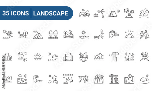 Landscape Web Icons Set in Line or outline Style related to Landscape. Icons For Web and Mobile App. Linear icons collection. Editable stroke. Vector illustration.