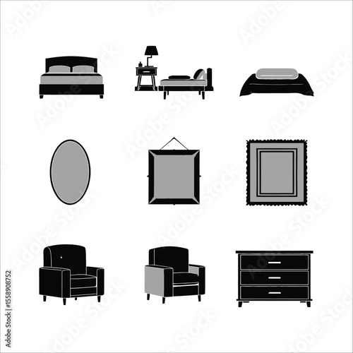 Bedroom furniture set vector illustration bed nightstand lamp mirror frame chair dresser design 100 char