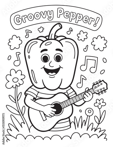 Cartoon pepper playing guitar in black and white outline