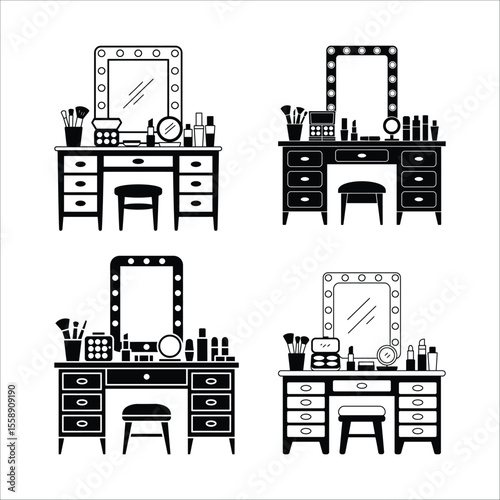 Vanity table with mirror and makeup vector illustration set beauty and fashion design concept isolated art