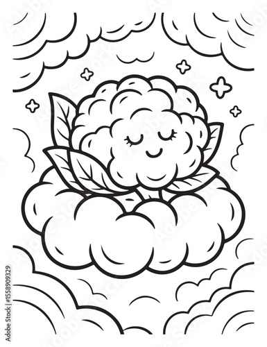 Cauliflower character floating in clouds coloring page
